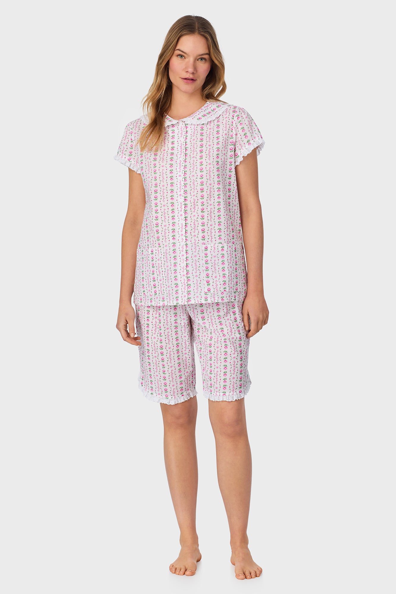 A lady wearing Rosey Tyrolean Cotton Lawn Bermuda Pajama