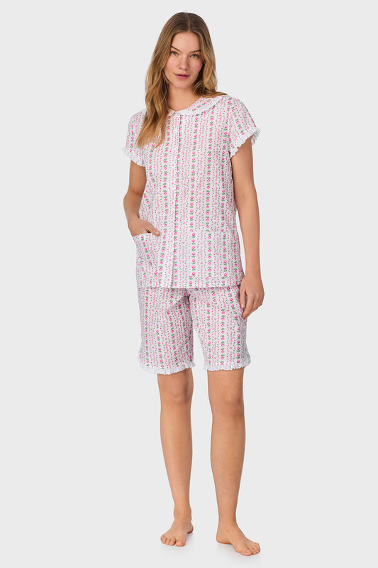 A lady wearing Rosey Tyrolean Cotton Lawn Bermuda Pajama