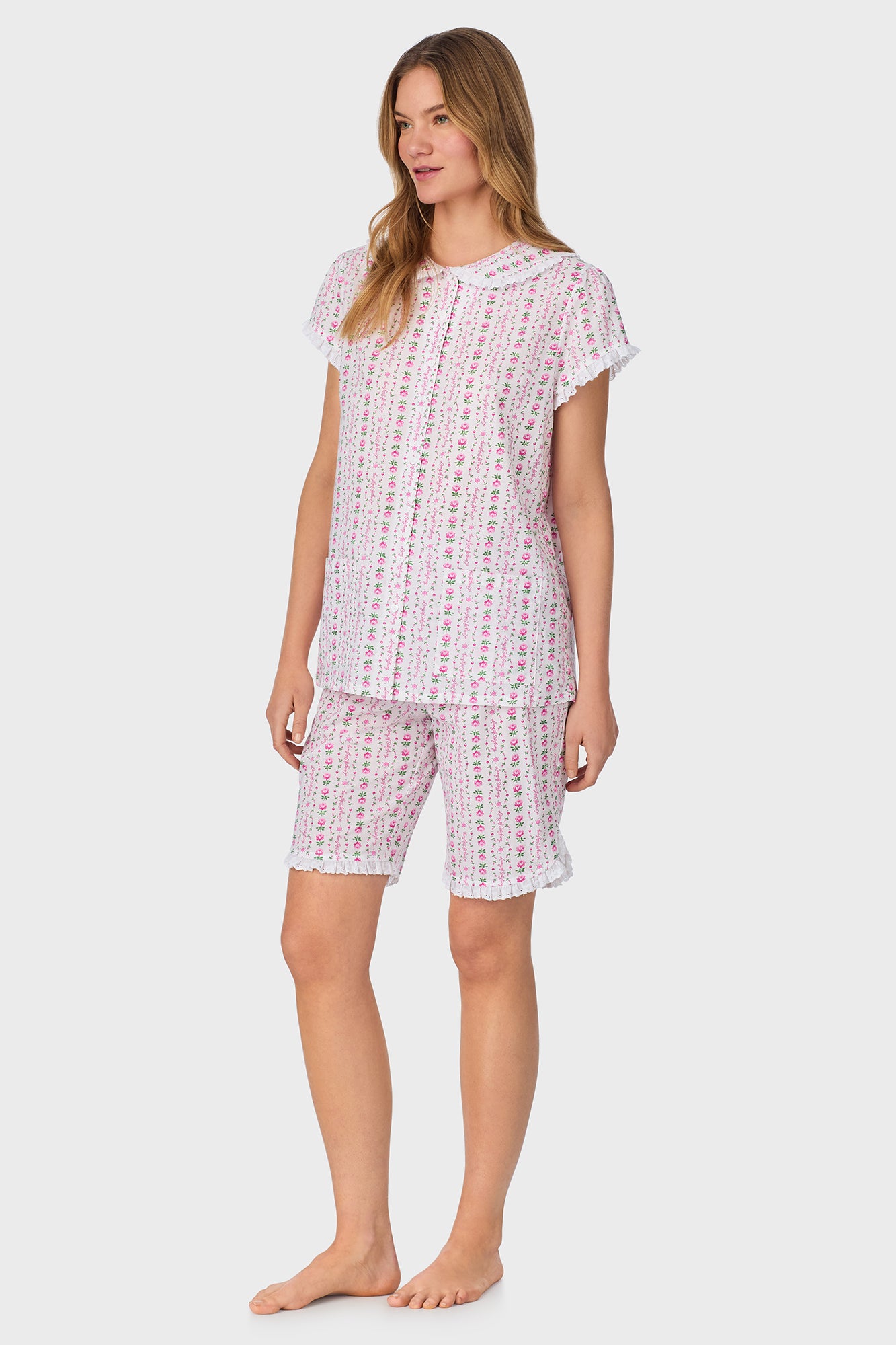 A lady wearing Rosey Tyrolean Cotton Lawn Bermuda Pajama