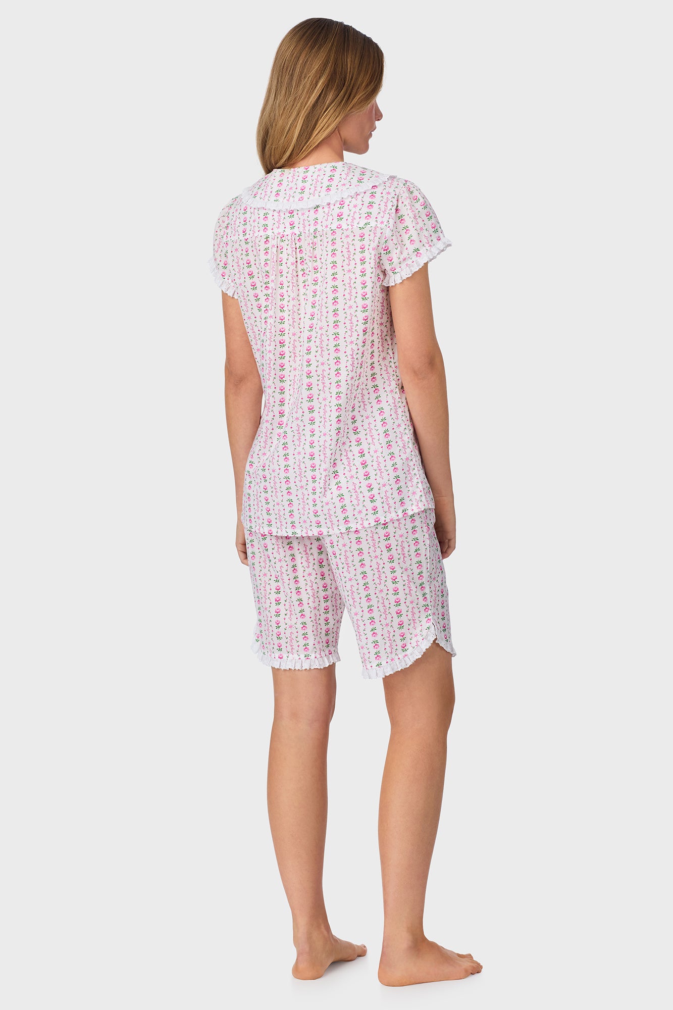 A lady wearing Rosey Tyrolean Cotton Lawn Bermuda Pajama