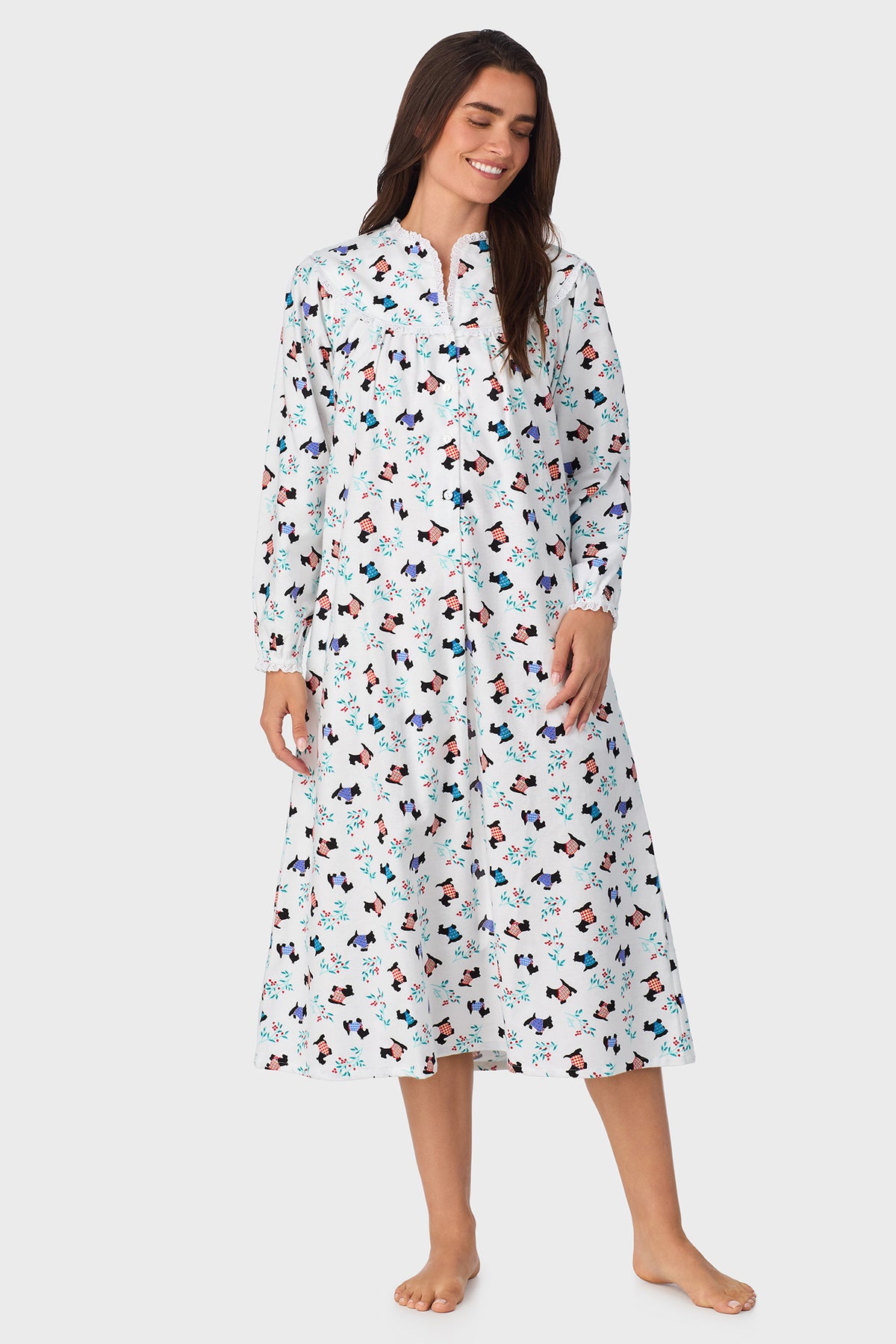 Women's Scottie Dog 100% Cotton Brushed Flannel Long Sleeve Nightgown