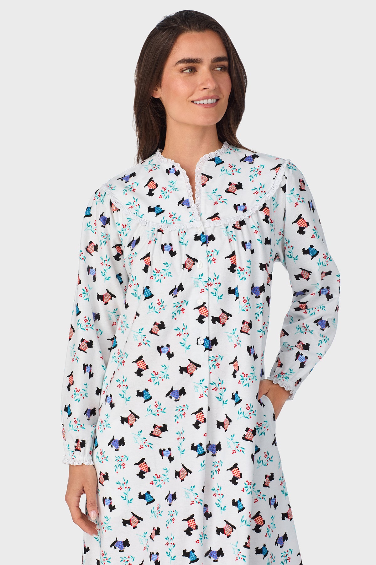 Women's Scottie Dog 100% Cotton Brushed Flannel Long Sleeve Nightgown