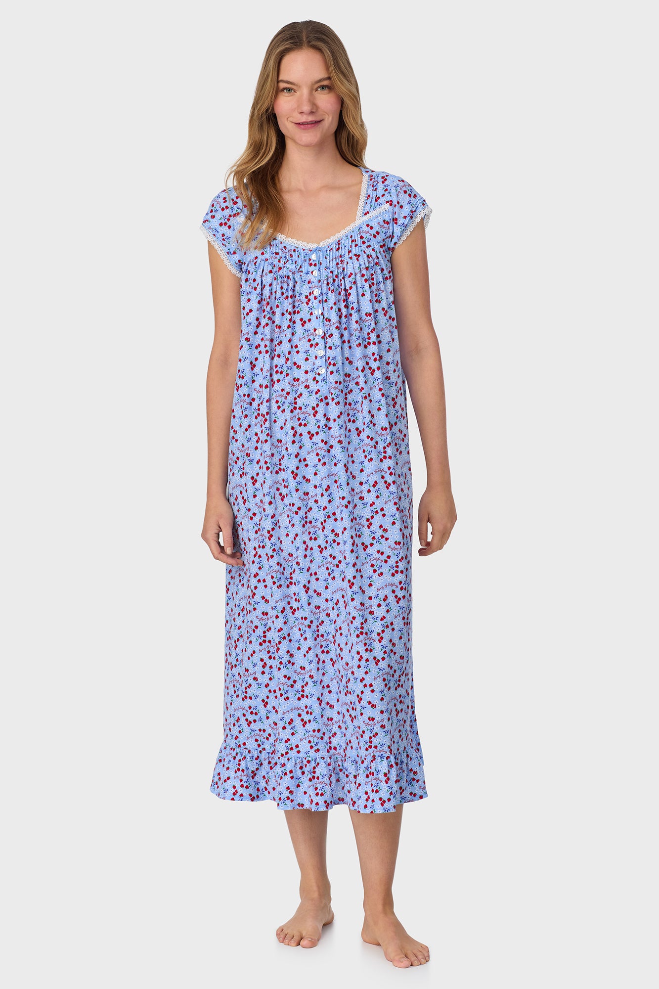 A lady wearing Blue Skies & Berries Cotton Knit Long Nightgown