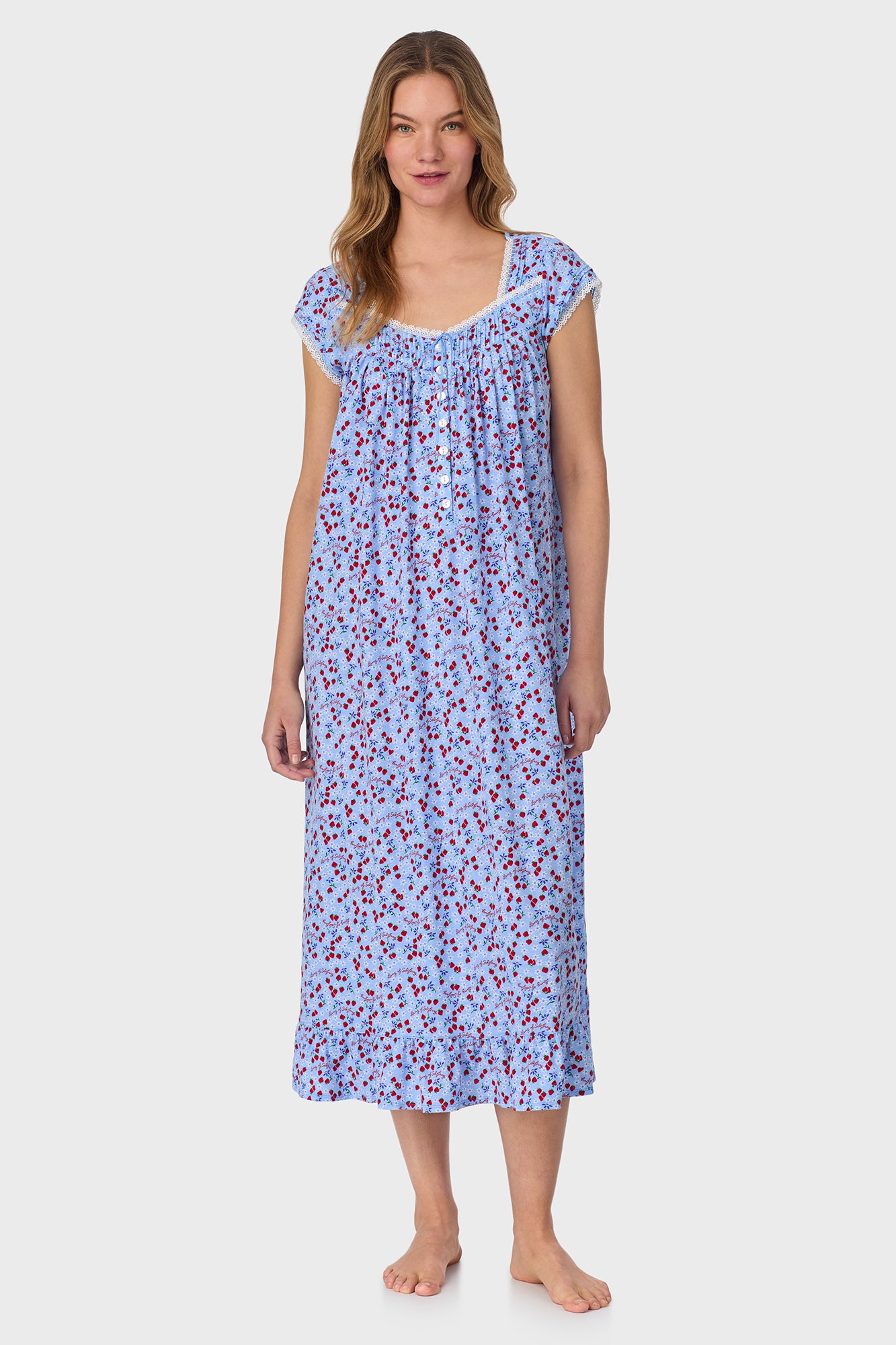 A lady wearing Blue Skies & Berries Cotton Knit Long Nightgown