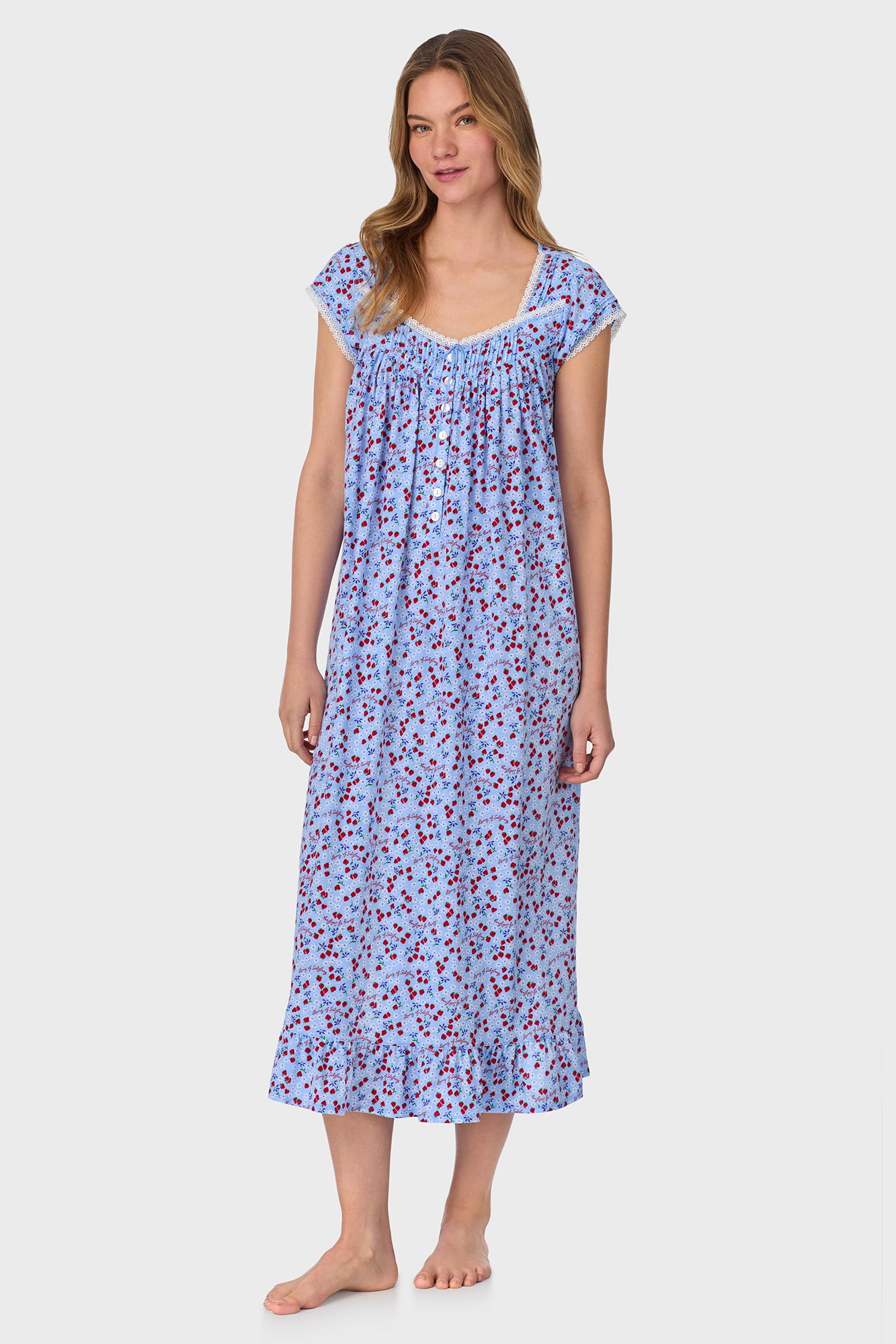 A lady wearing Blue Skies & Berries Cotton Knit Long Nightgown