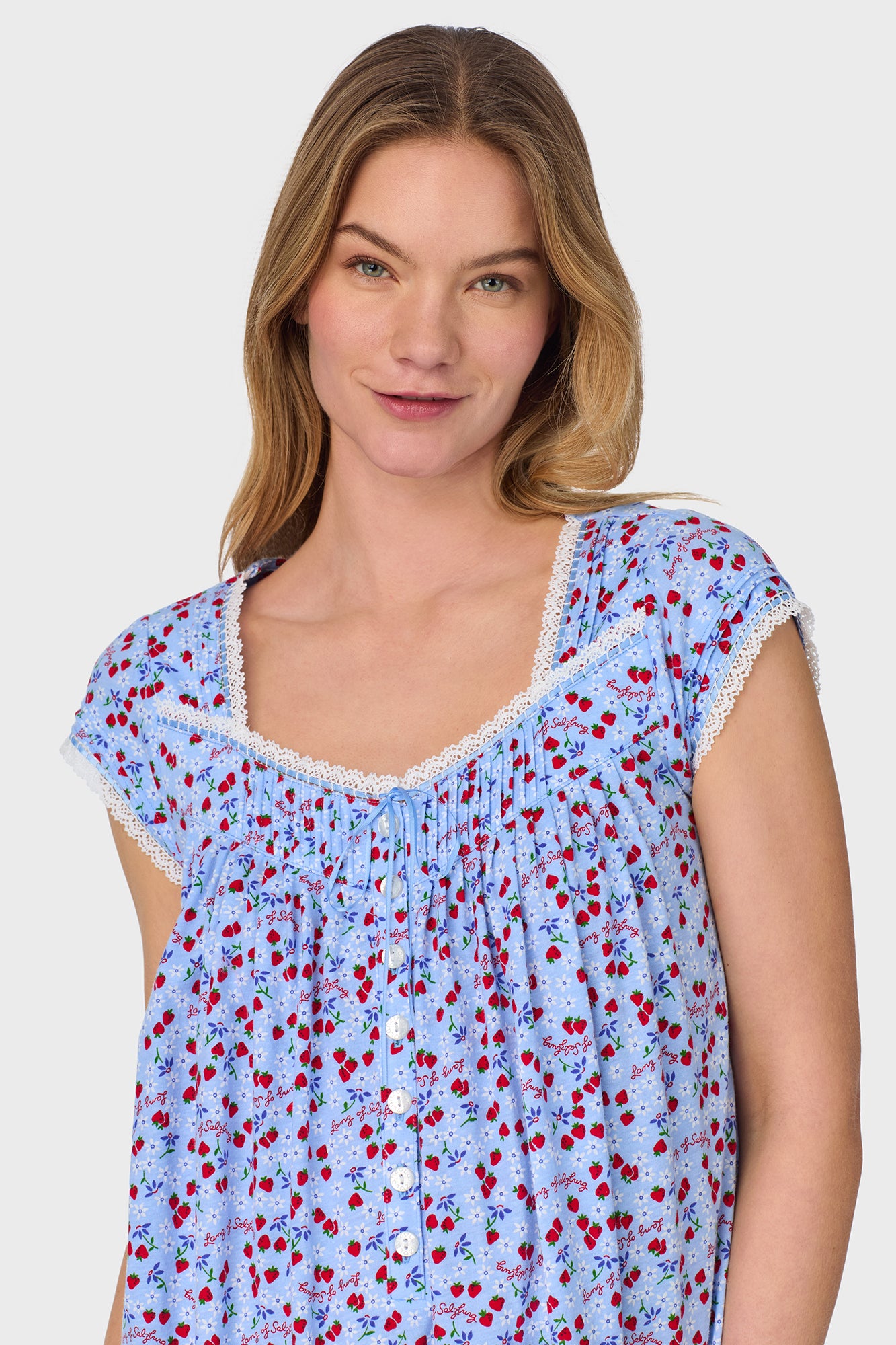 A lady wearing Blue Skies & Berries Cotton Knit Long Nightgown