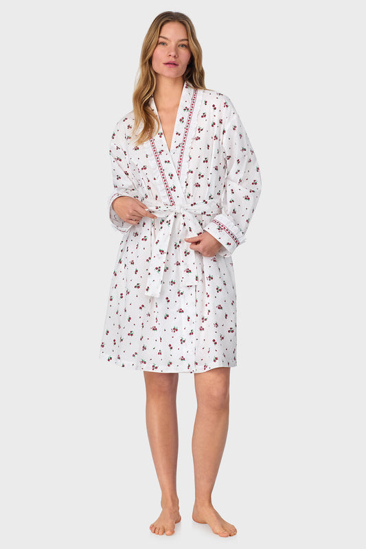 A lady wearing Strawberry Jubilee Cotton Lawn Short Wrap Robe