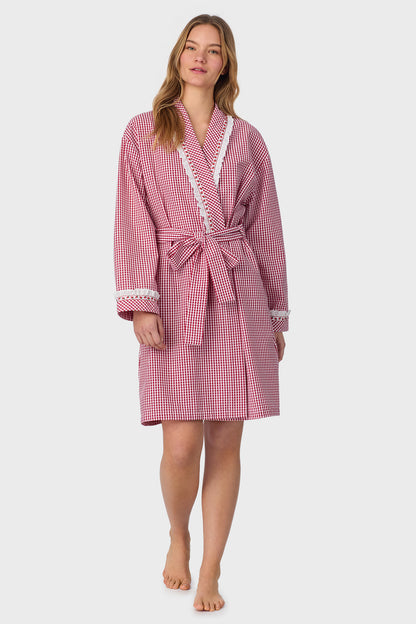 A lady wearing Picnic Plaid Seersucker Yarndye Check Short Wrap Robe