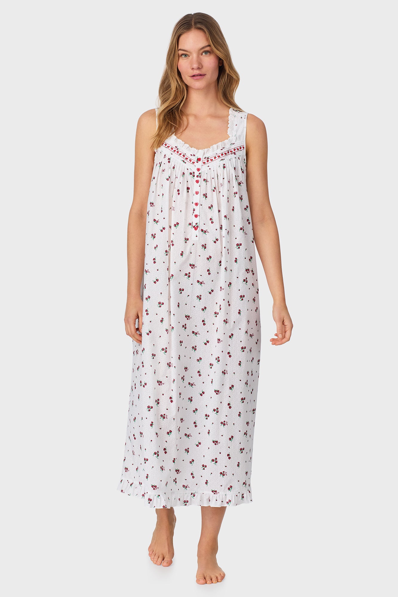 A lady wearing Strawberry Jubilee Cotton Lawn Ballet Nightgown