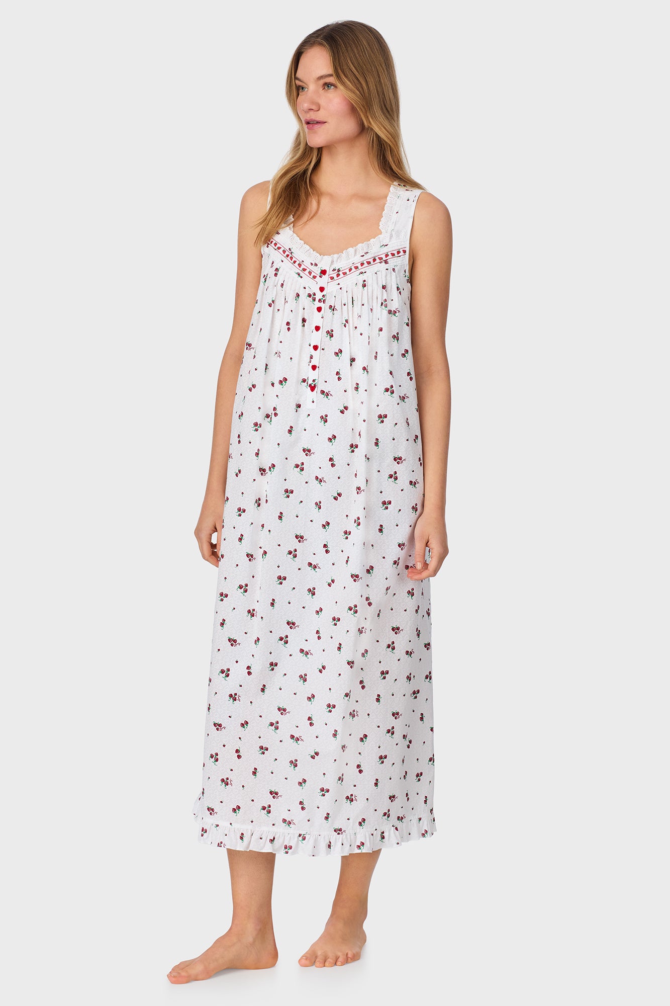 A lady wearing Strawberry Jubilee Cotton Lawn Ballet Nightgown