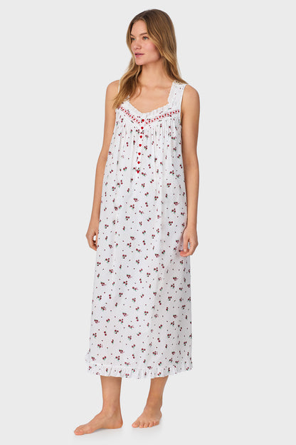 A lady wearing Strawberry Jubilee Cotton Lawn Ballet Nightgown
