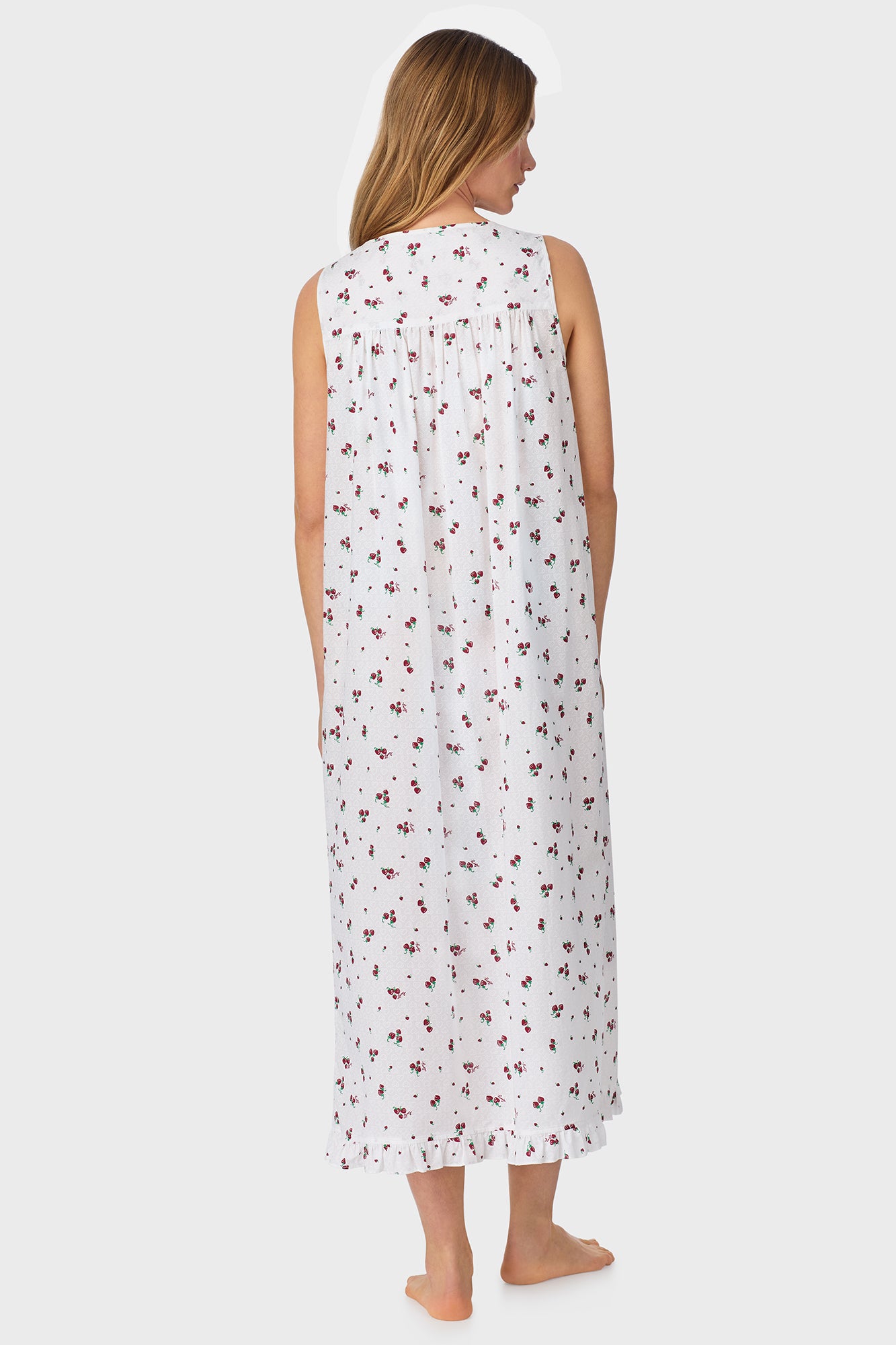 A lady wearing Strawberry Jubilee Cotton Lawn Ballet Nightgown