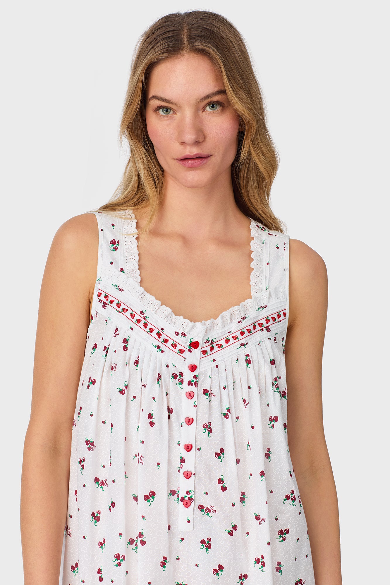 A lady wearing Strawberry Jubilee Cotton Lawn Ballet Nightgown