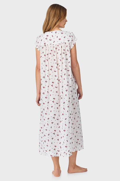 A lady wearing Strawberry Jubilee Cotton Lawn Cap Sleeve Long Nightgown