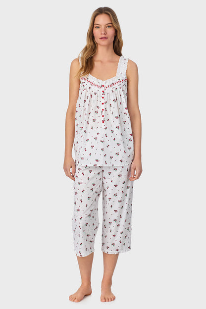 A lady wearing Strawberry Jubilee Cotton Lawn Capri Pajama