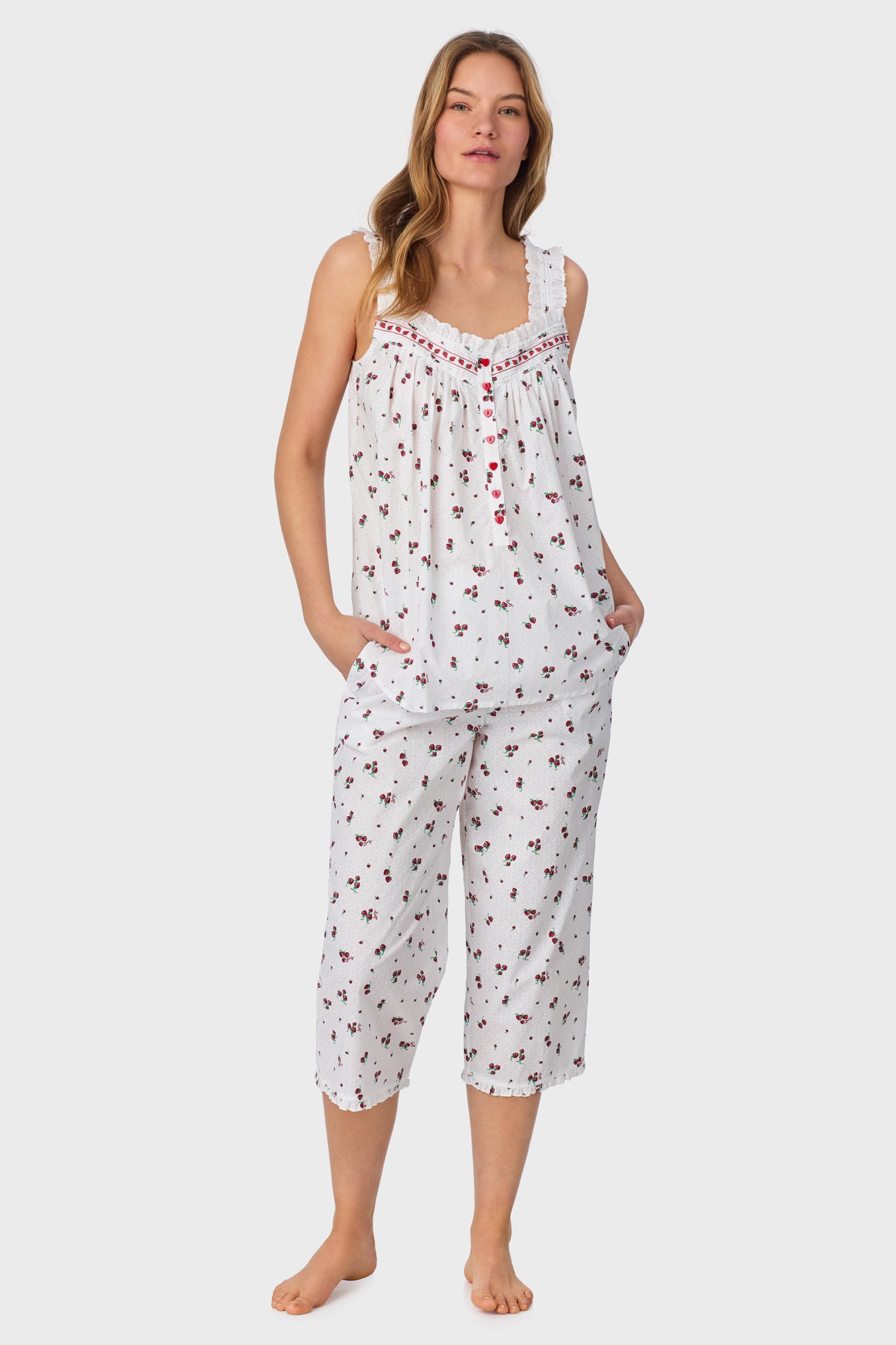 A lady wearing Strawberry Jubilee Cotton Lawn Capri Pajama