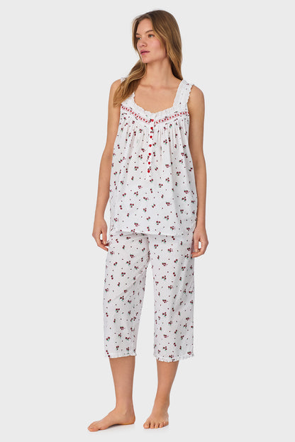 A lady wearing Strawberry Jubilee Cotton Lawn Capri Pajama