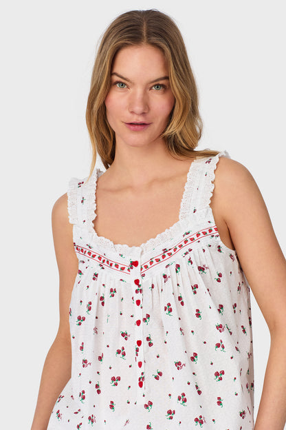A lady wearing Strawberry Jubilee Cotton Lawn Capri Pajama