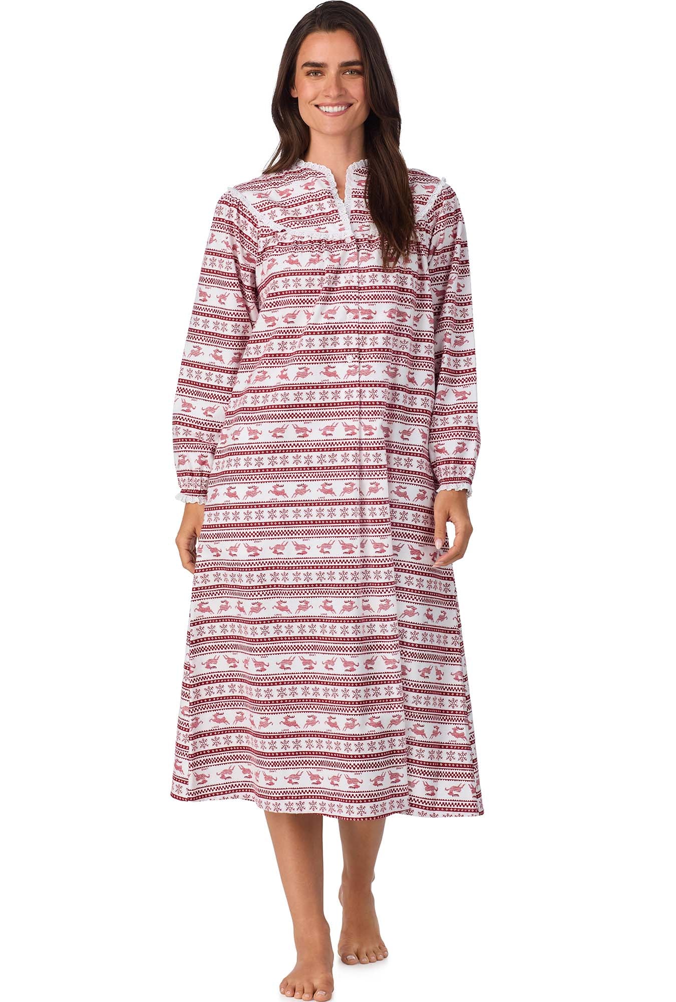 A lady wearing Red Fair Isle Flannel Gown