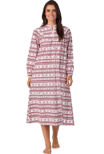 A lady wearing Red Fair Isle Flannel Gown