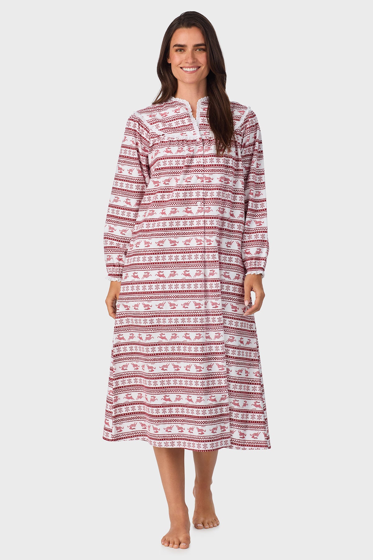 Women's Red Fair Isle 100% Cotton Brushed Flannel Long Sleeve Nightgown