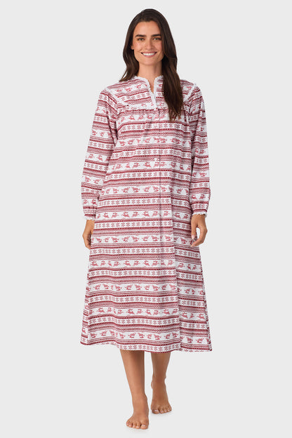 Women's Red Fair Isle 100% Cotton Brushed Flannel Long Sleeve Nightgown