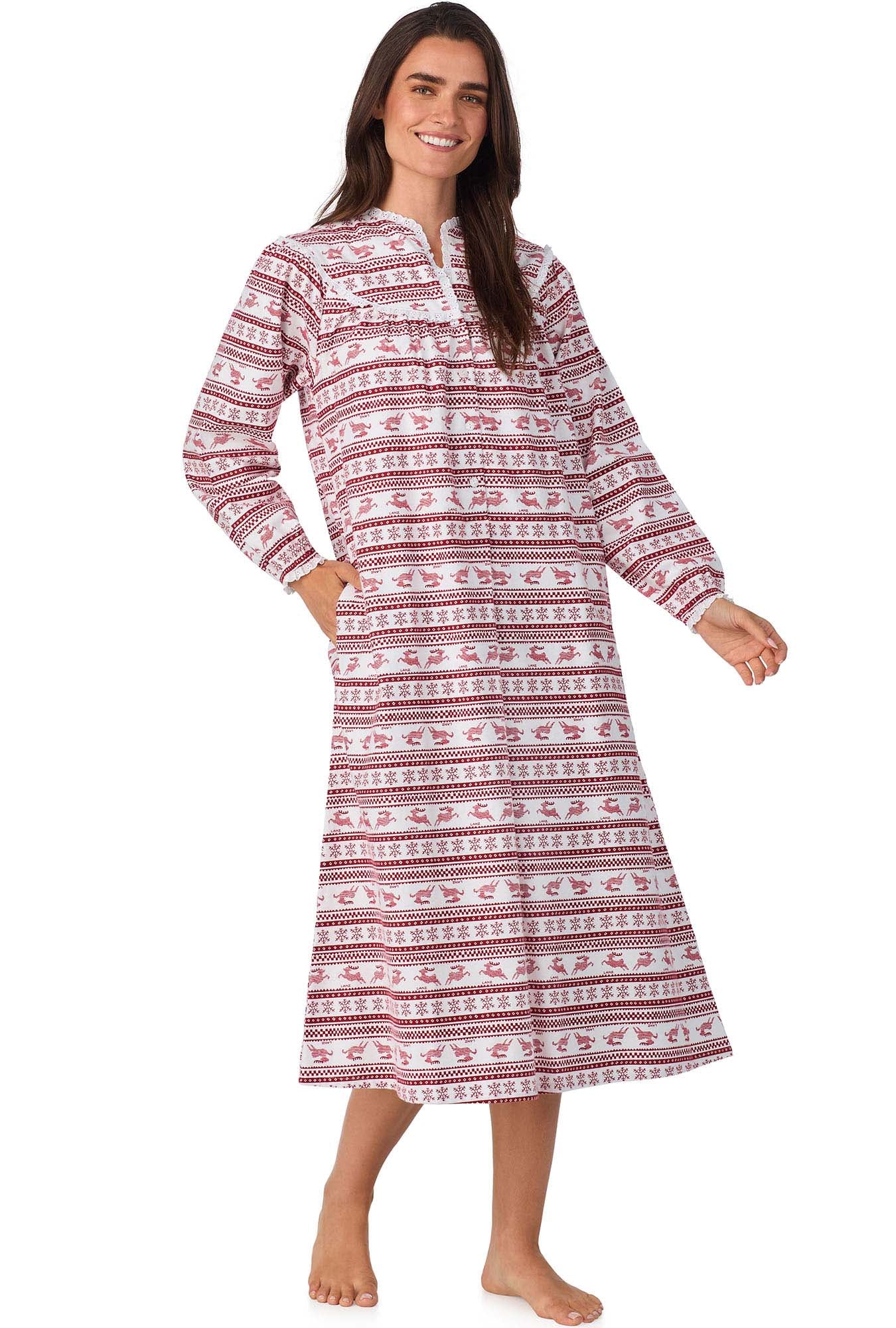 A lady wearing Red Fair Isle Flannel Gown