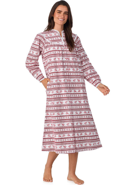 A lady wearing Red Fair Isle Flannel Gown