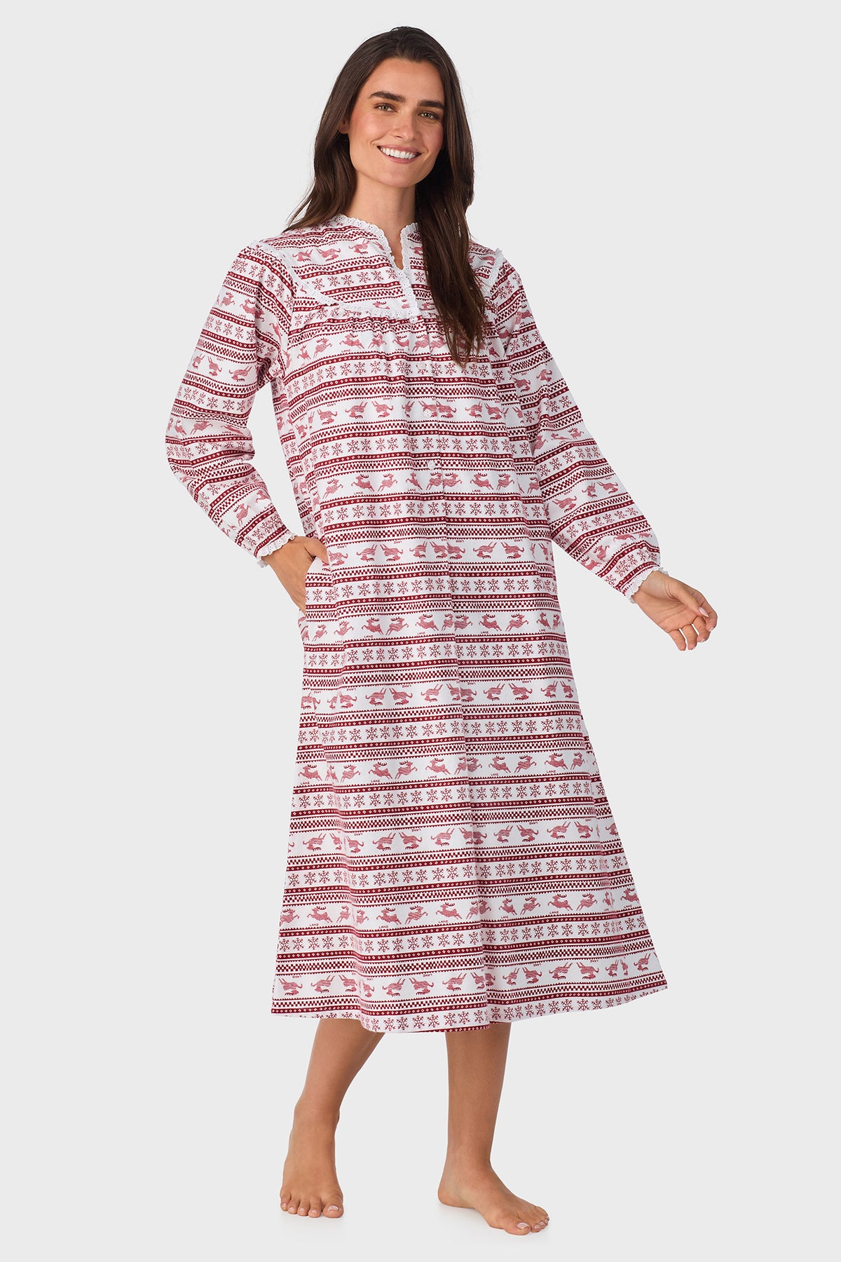 Women's Red Fair Isle 100% Cotton Brushed Flannel Long Sleeve Nightgown