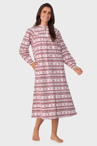 Women's Red Fair Isle 100% Cotton Brushed Flannel Long Sleeve Nightgown