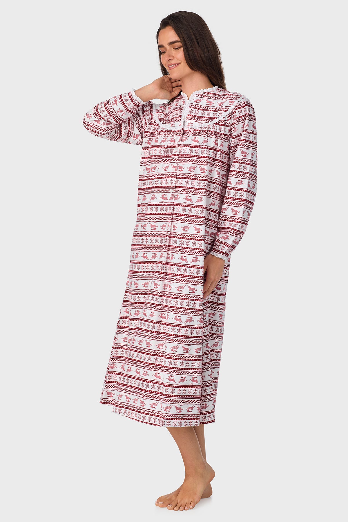 Women's Red Fair Isle 100% Cotton Brushed Flannel Long Sleeve Nightgown