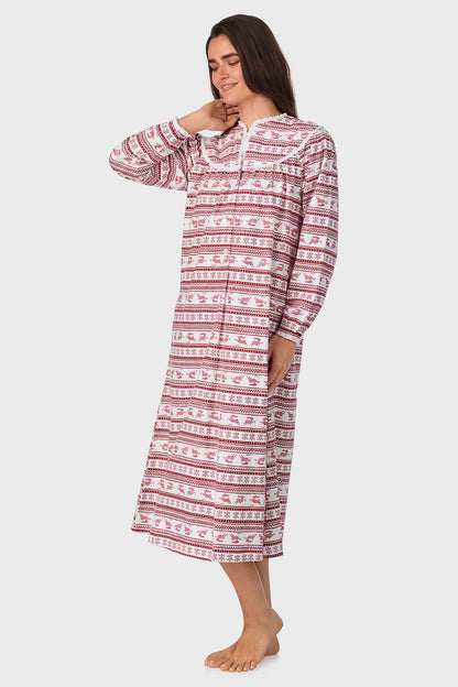 Women's Red Fair Isle 100% Cotton Brushed Flannel Long Sleeve Nightgown