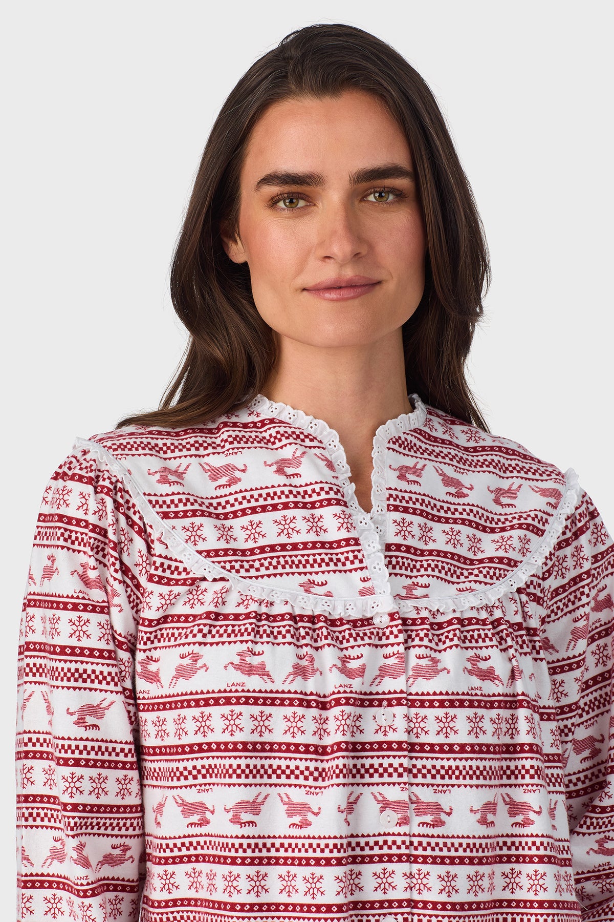 Women's Red Fair Isle 100% Cotton Brushed Flannel Long Sleeve Nightgown
