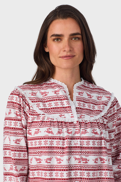 Women's Red Fair Isle 100% Cotton Brushed Flannel Long Sleeve Nightgown