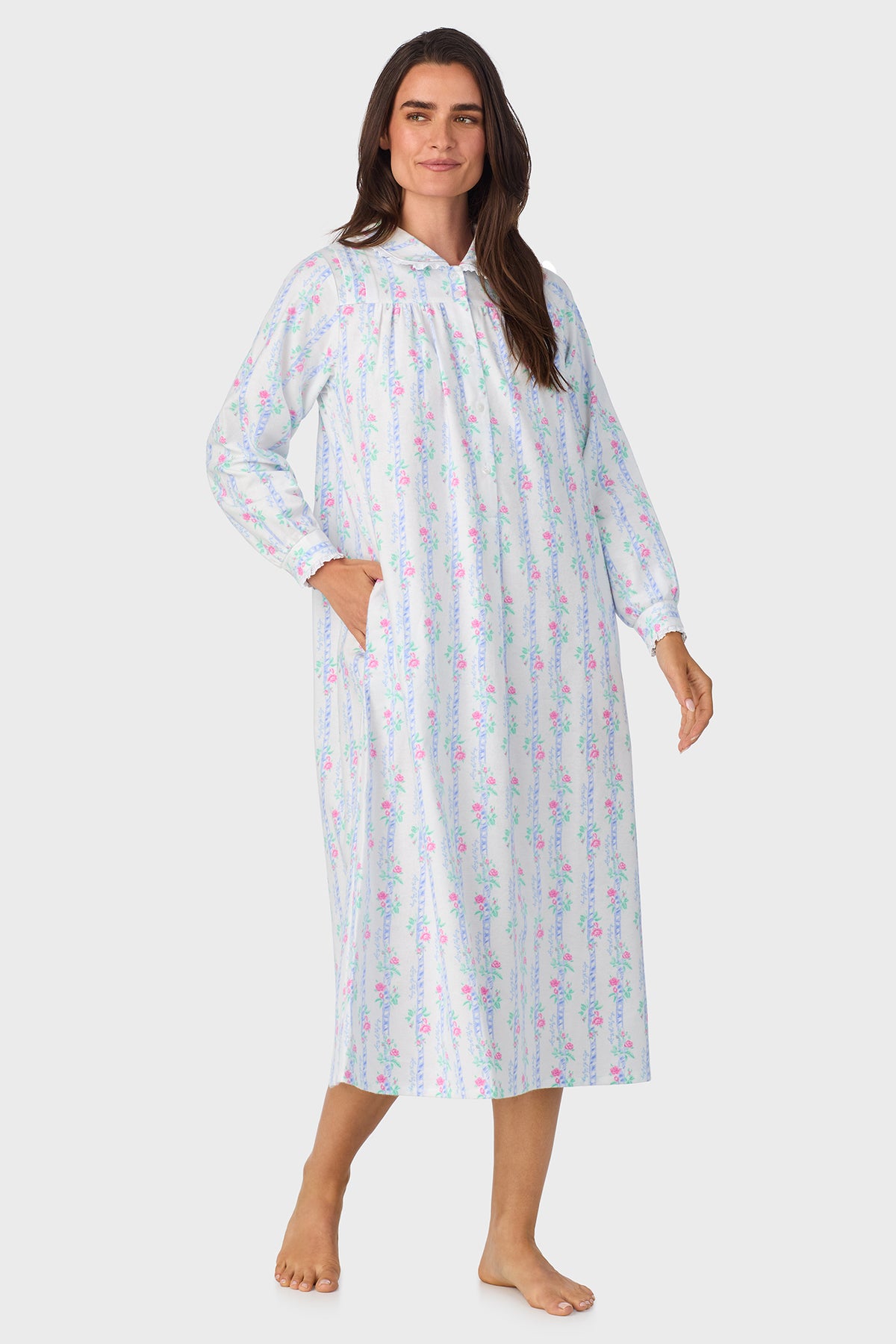 Women's Moire Garland Stripes 100% Cotton Brushed Flannel Peter Pan Collar Long Sleeve Nightgown
