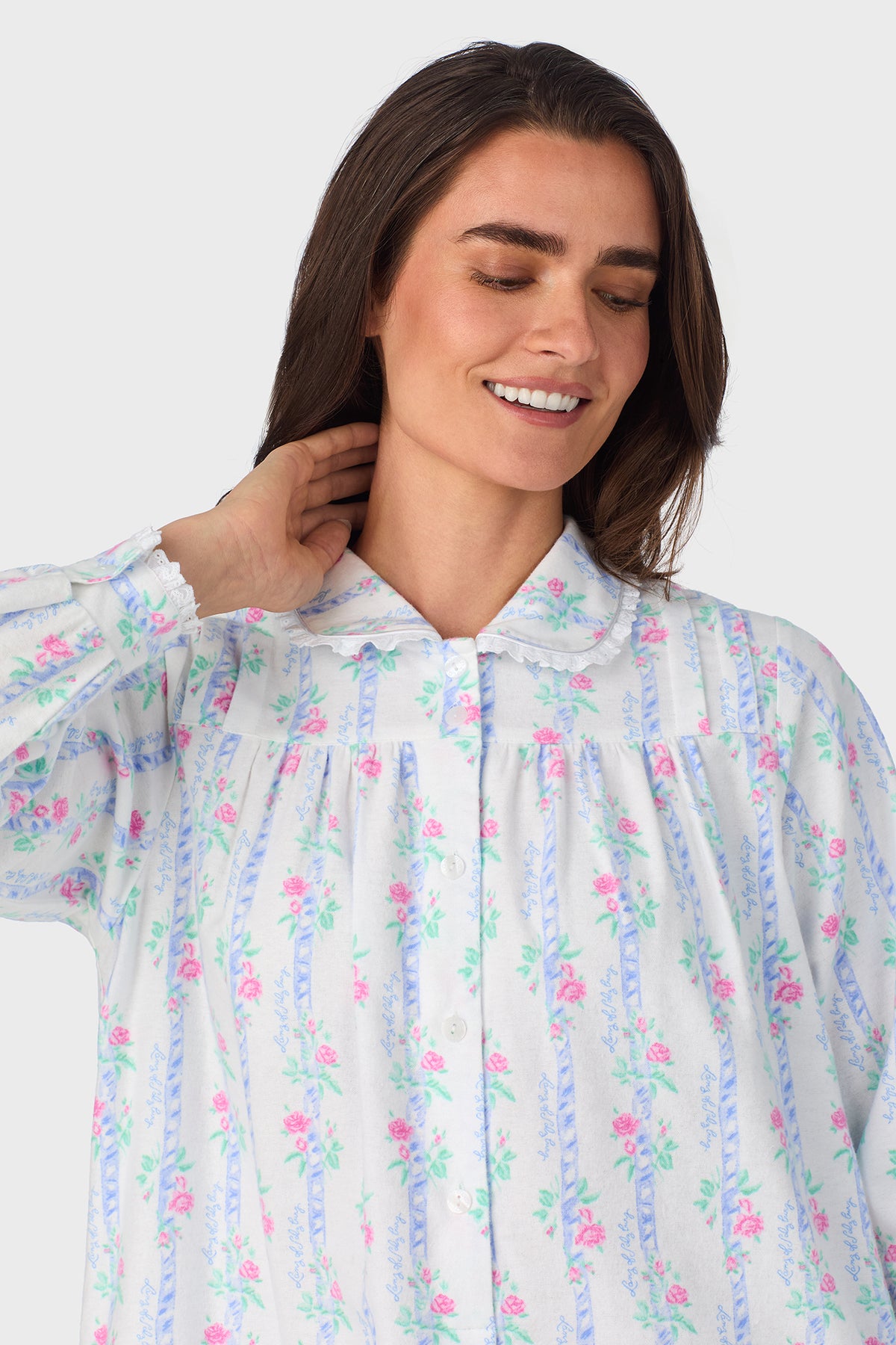 Women's Moire Garland Stripes 100% Cotton Brushed Flannel Peter Pan Collar Long Sleeve Nightgown