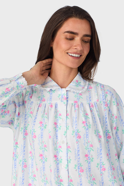 Women's Moire Garland Stripes 100% Cotton Brushed Flannel Peter Pan Collar Long Sleeve Nightgown