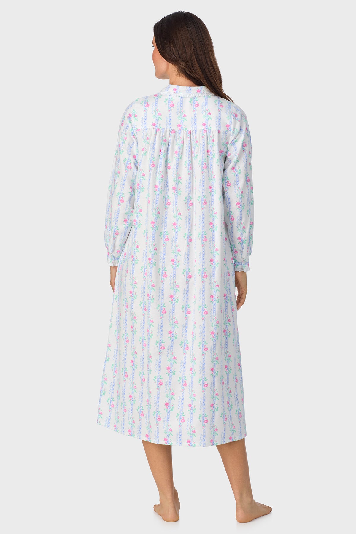 Women's Moire Garland Stripes 100% Cotton Brushed Flannel Peter Pan Collar Long Sleeve Nightgown